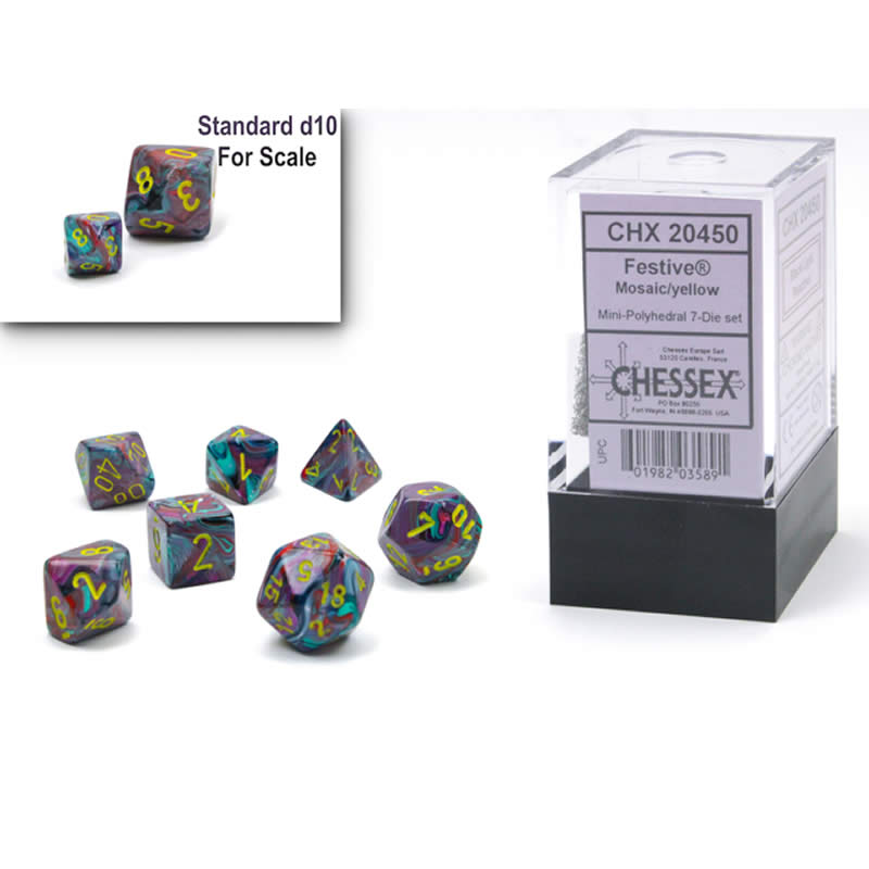 CHX20450 Mosaic Festive Mini Dice with Yellow Numbers 10mm (3/8in) Set of 7 2nd Image