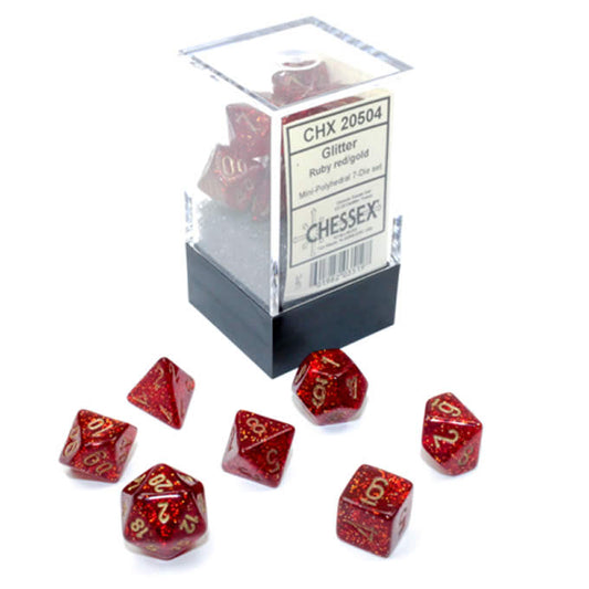 CHX20504 Ruby Glitter Mini Dice with Gold Colored Numbers 10mm (3/8in) Set of 7 Main Image
