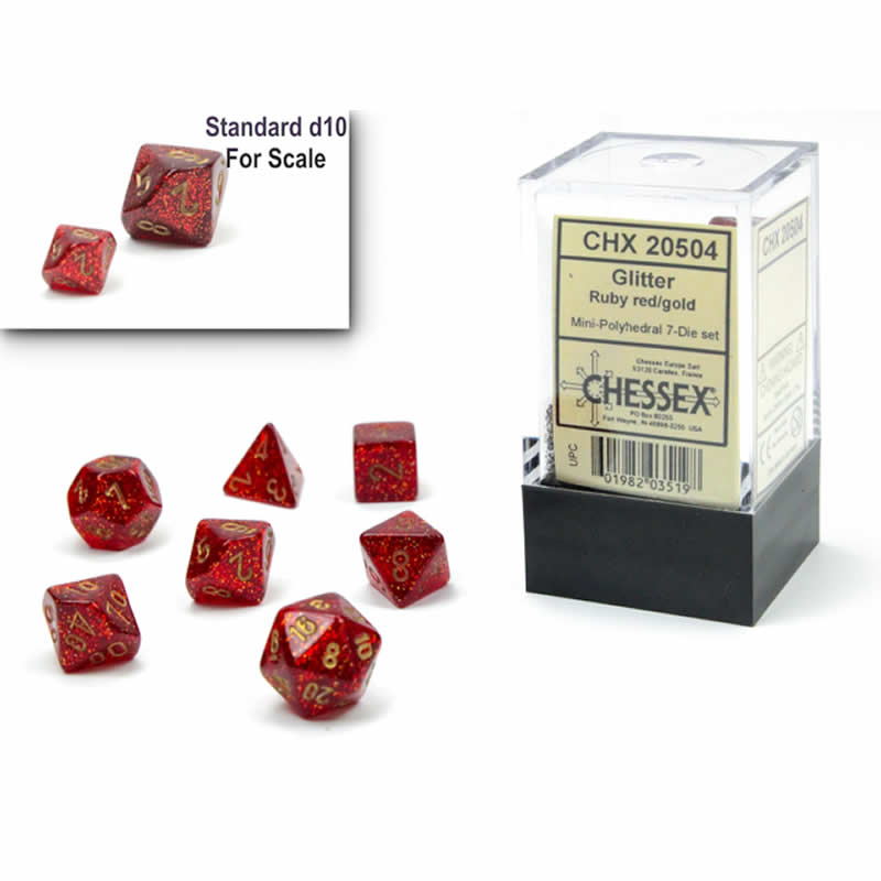 CHX20504 Ruby Glitter Mini Dice with Gold Colored Numbers 10mm (3/8in) Set of 7 2nd Image