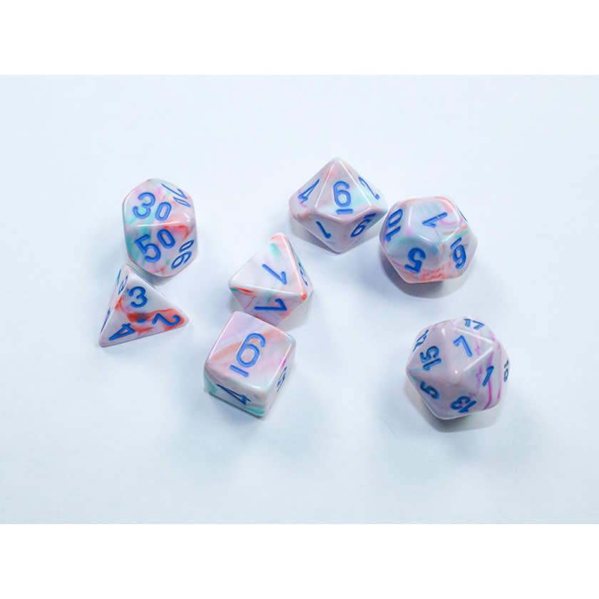 CHX20544 Pop Art Festive Mini Dice with Blue Colored Numbers 10mm (3/8in) Set of 7