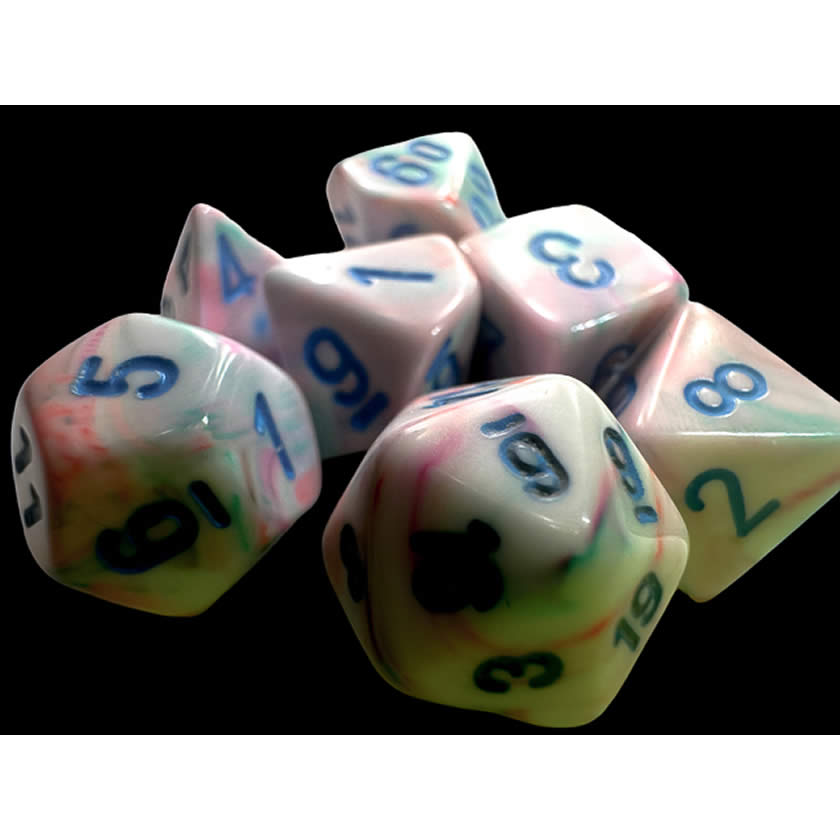CHX20544 Pop Art Festive Mini Dice with Blue Colored Numbers 10mm (3/8in) Set of 7