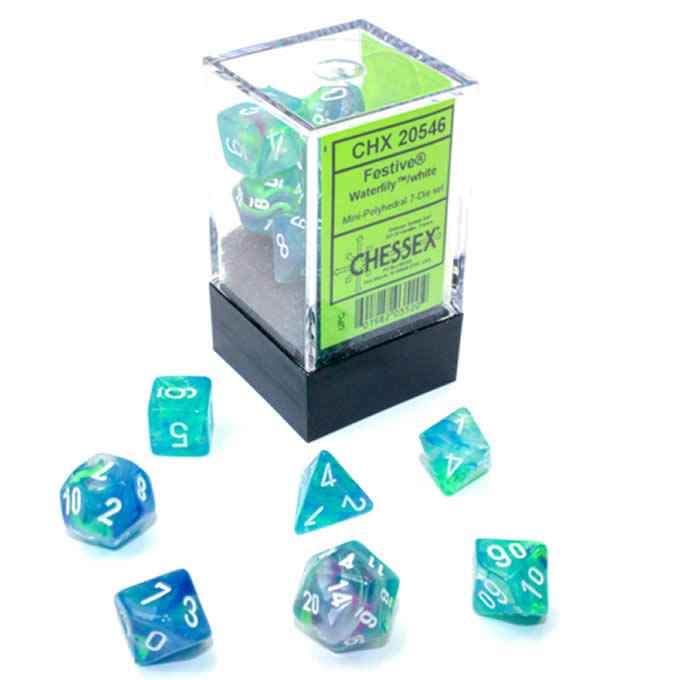 CHX20546 Waterlily Festive Mini Dice with White Numbers 10mm (3/8in) Set of 7 Main Image