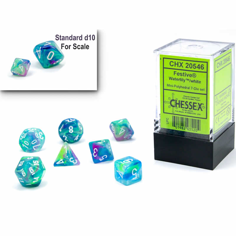 CHX20546 Waterlily Festive Mini Dice with White Numbers 10mm (3/8in) Set of 7 2nd Image