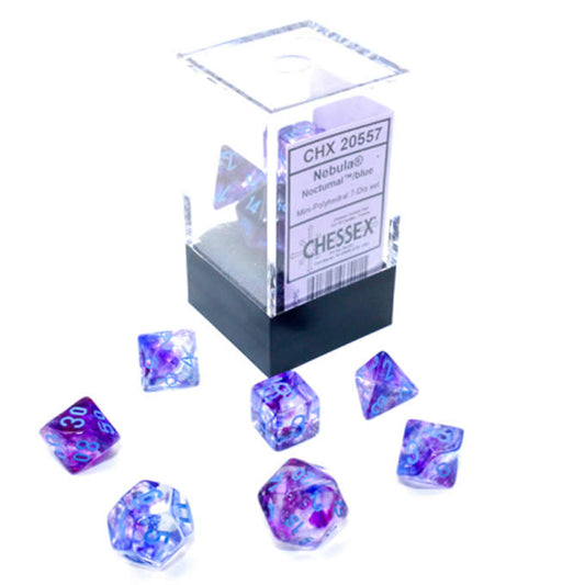 CHX20557 Nocturnal Nebula Luminary Mini Dice with Blue Numbers 10mm (3/8in) Set of 7 Main Image