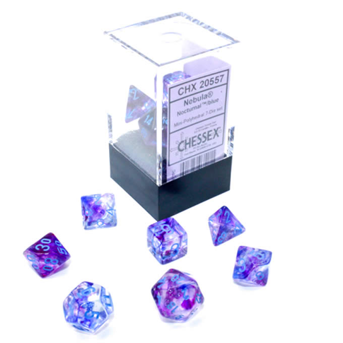 CHX20557 Nocturnal Nebula Luminary Mini Dice with Blue Numbers 10mm (3/8in) Set of 7 Main Image