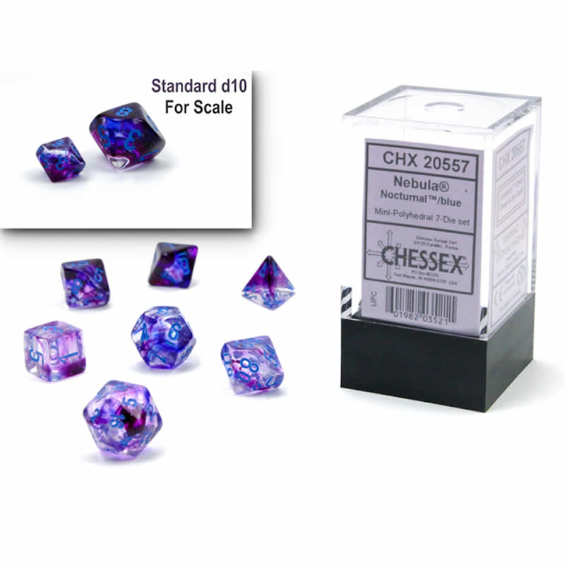 CHX20557 Nocturnal Nebula Luminary Mini Dice with Blue Numbers 10mm (3/8in) Set of 7 2nd Image