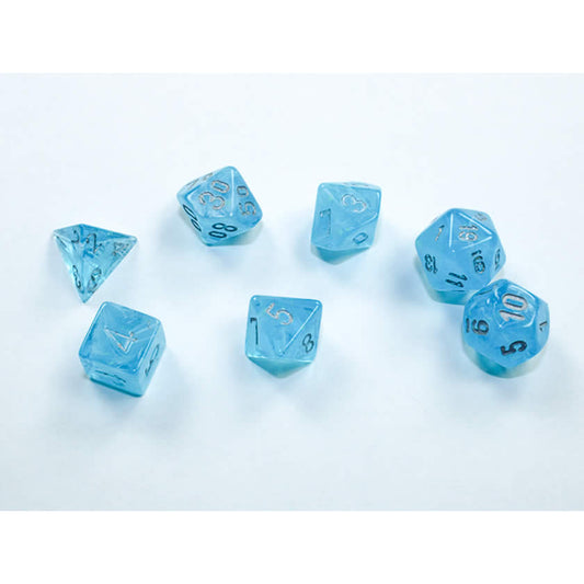 CHX20566 Sky Luminary Mini Dice with Silver Numbers 10mm (3/8in) Set of 7