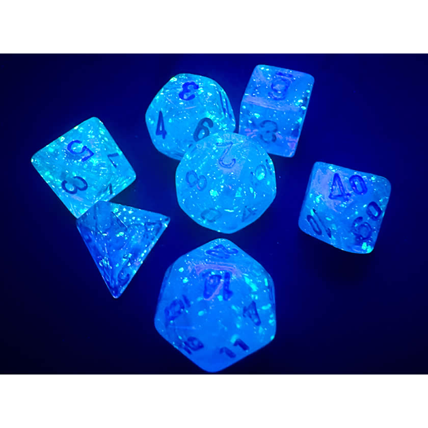 CHX20566 Sky Luminary Mini Dice with Silver Numbers 10mm (3/8in) Set of 7