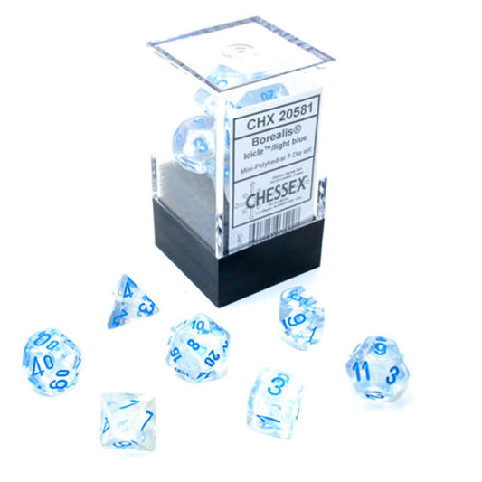 CHX20581 Icicle Borealis Luminary Mini Dice with Light Blue Numbers 10mm (3/8in) Set of 7 Main Image