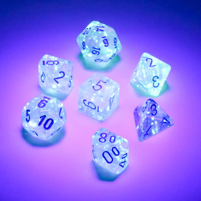 CHX20581 Icicle Borealis Luminary Mini Dice with Light Blue Numbers 10mm (3/8in) Set of 7 3rd Image