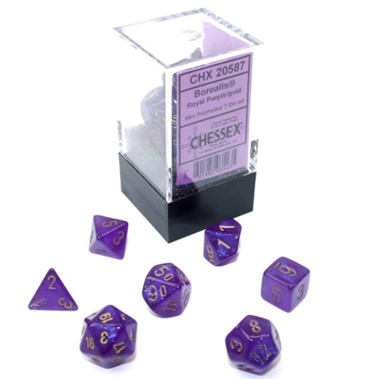 CHX20587 Royal Purple Borealis Luminary Mini Dice with Gold Colored Numbers 10mm (3/8in) Set of 7 Main Image