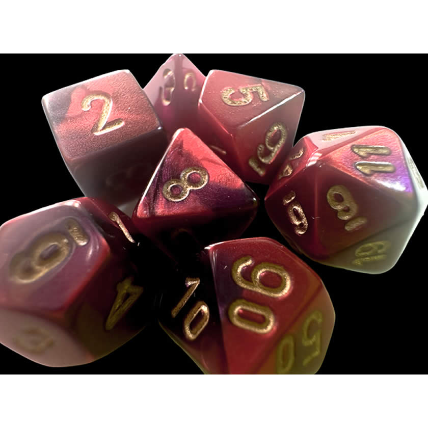 CHX20626 Purple and Red Gemini Mini Dice with Gold Colored Numbers 10mm (3/8in) Set of 7