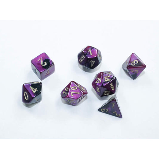 CHX20640 Black and Purple Gemini Mini Dice with Gold Colored Numbers 10mm (3/8in) Set of 7