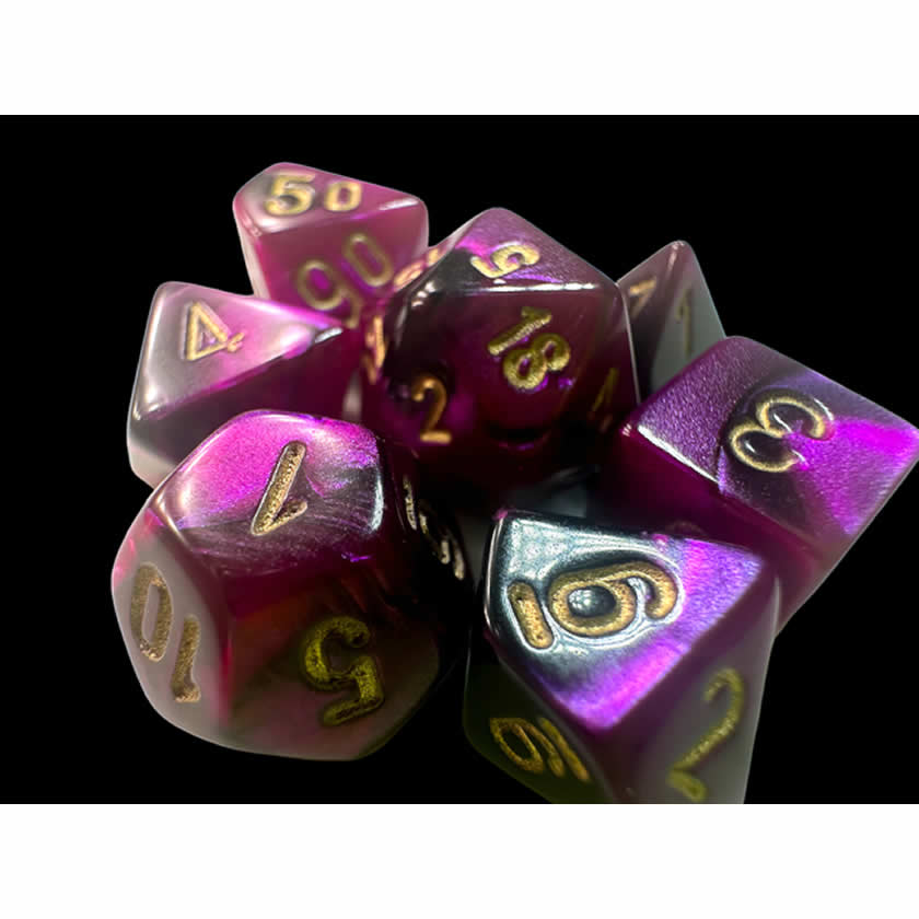 CHX20640 Black and Purple Gemini Mini Dice with Gold Colored Numbers 10mm (3/8in) Set of 7
