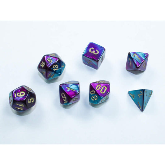 CHX20649 Purple and Teal Gemini Mini Dice with Gold Colored Numbers 10mm (3/8in) Set of 7