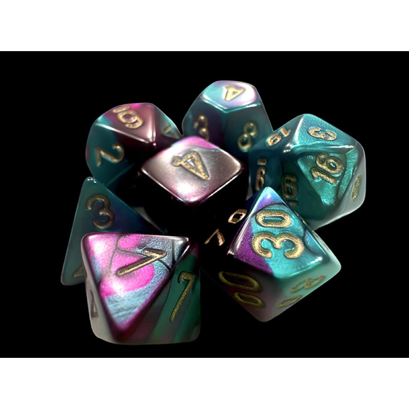 CHX20649 Purple and Teal Gemini Mini Dice with Gold Colored Numbers 10mm (3/8in) Set of 7
