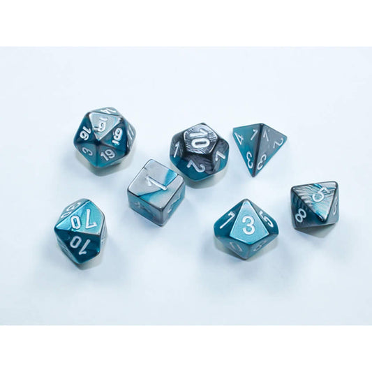CHX20656 Steel and Teal Gemini Mini Dice with White Colored Numbers 10mm (3/8in) Set of 7
