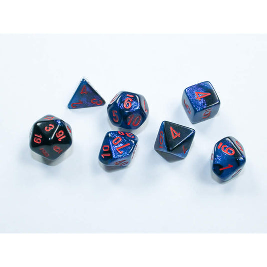 CHX20658 Black and Starlight Gemini Mini Dice with Red Colored Numbers 10mm (3/8in) Set of 7