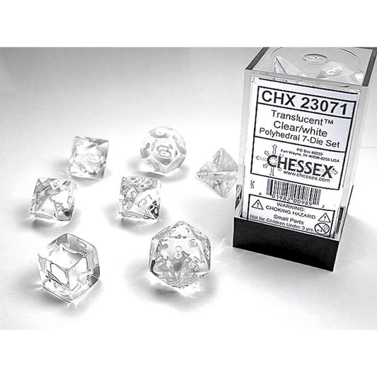 CHX23071 Clear Translucent Dice with White Numbers 16mm (5/8in) Set of 7 Main Image