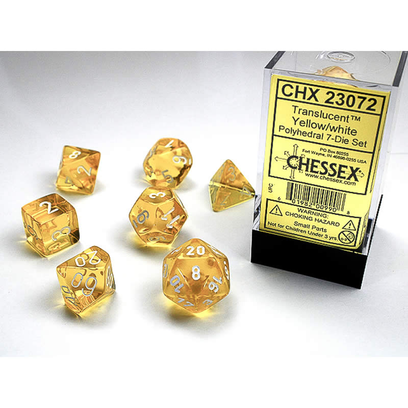 CHX23072 Yellow Translucent Dice with White Numbers 16mm (5/8in) Set of 7 Main Image