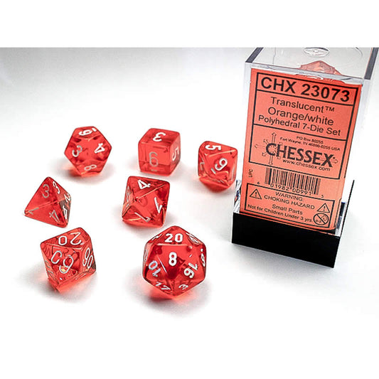 CHX23073 Orange Translucent Dice with White Numbers 16mm (5/8in) Set of 7 Main Image