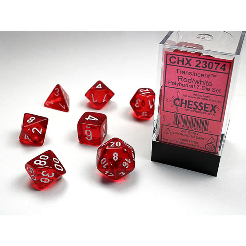 CHX23074 Red Translucent Dice with White Numbers 16mm (5/8in) Set of 7 Main Image