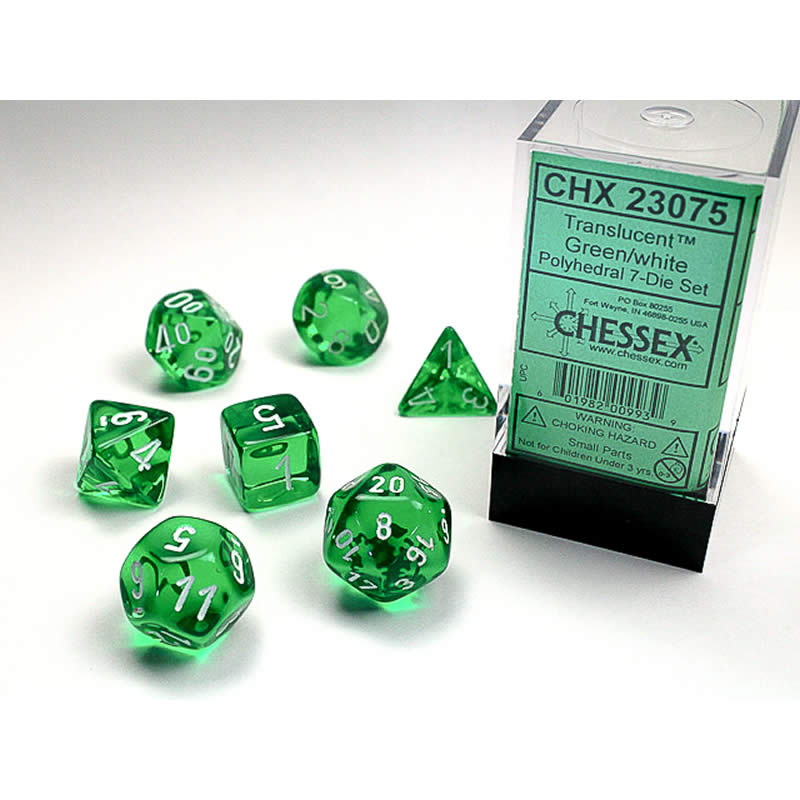CHX23075 Green Translucent Dice with White Numbers 16mm (5/8in) Set of 7 Main Image