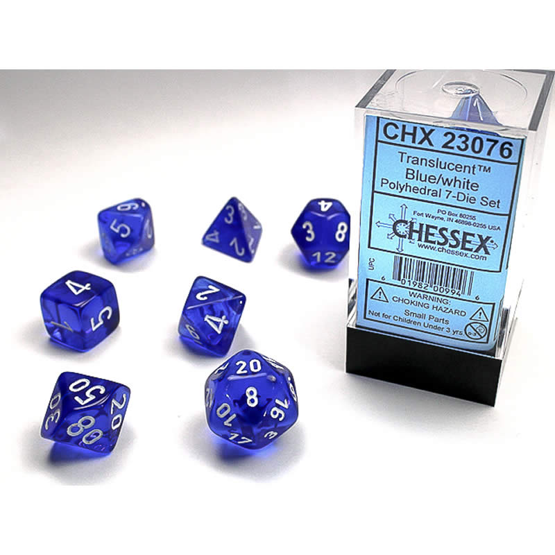 CHX23076 Blue Translucent Dice with White Numbers 16mm (5/8in) Set of 7 Main Image