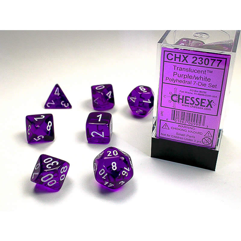 CHX23077 Purple Translucent Dice with White Numbers 16mm (5/8in) Set of 7 Main Image