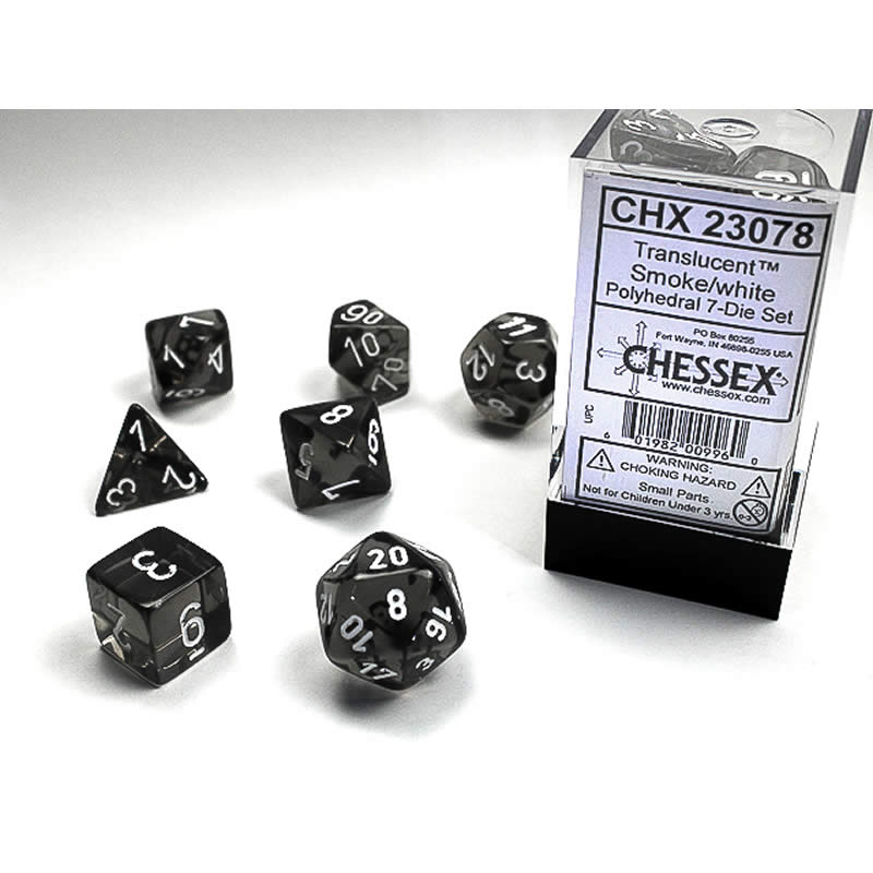 CHX23078 Smoke Translucent Dice with White Numbers 16mm (5/8in) Set of 7 Main Image