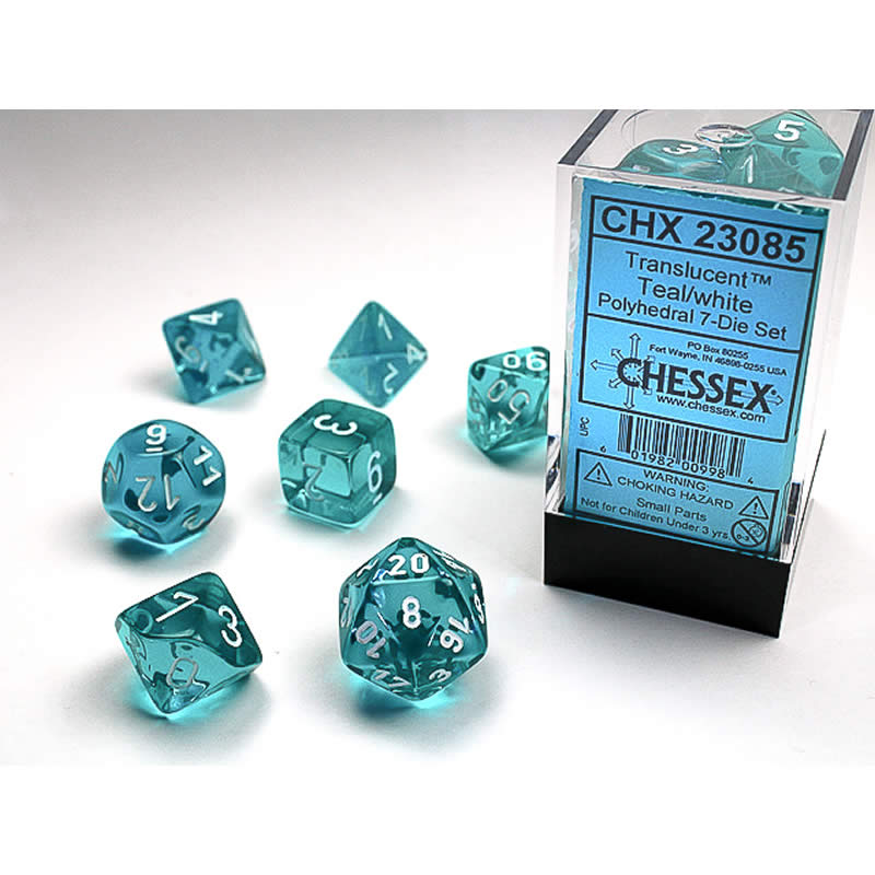 CHX23085 Teal Translucent Dice with White Numbers 16mm (5/8in) Set of 7 Main Image