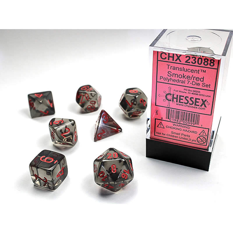 CHX23088 Smoke Translucent Dice with Red Numbers 16mm (5/8in) Set of 7 Chessex Main Image