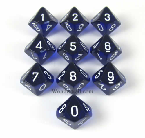 CHX23206 Blue Translucent Dice White Numbers D10 16mm Set of 10 Main Image