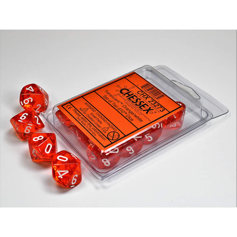 CHX23273 Orange Translucent Dice White Numbers D10 Aprox 16mm Set of 10 Main Image