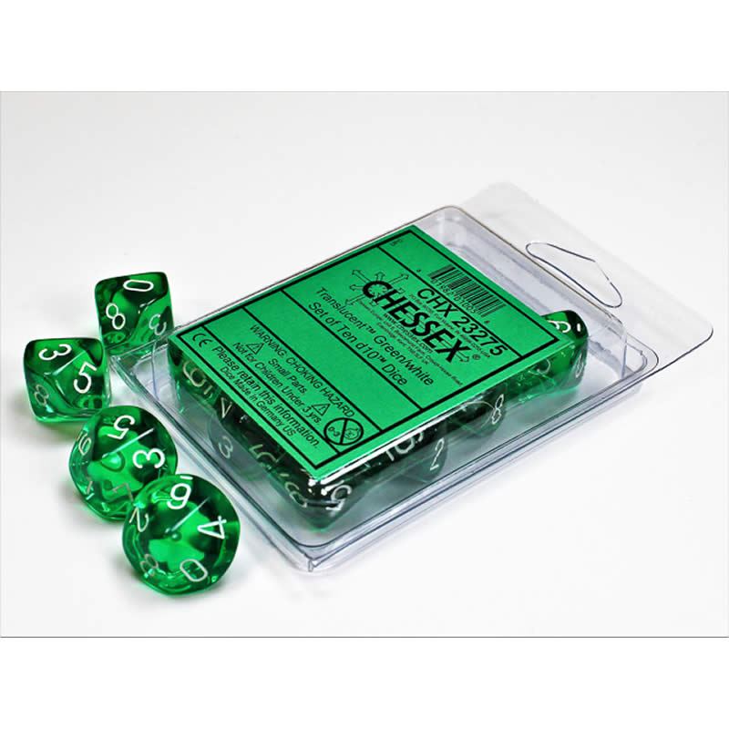 CHX23275 Green Translucent Dice White Numbers D10 16mm (5/8in) Set of 10 Main Image