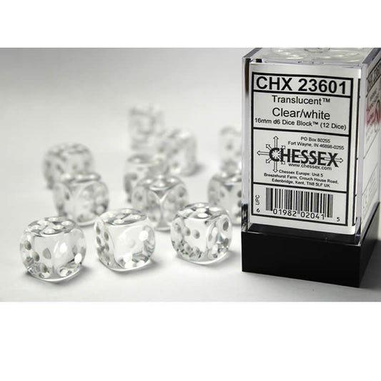 CHX23601 Clear Translucent Dice White Pips D6 16mm (5/8in) Pack of 12 Main Image