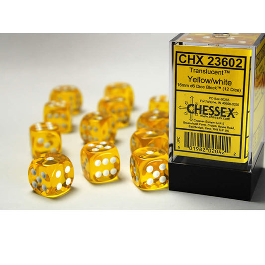 CHX23602 Yellow Translucent Dice White Pips D6 16mm (5/8in) Pack of 12 Main Image