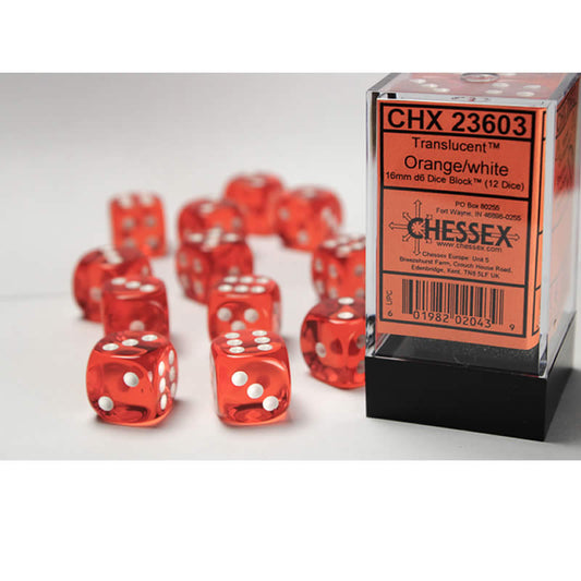 CHX23603 Orange Translucent Dice White Pips D6 16mm (5/8in) Pack of 12 Main Image
