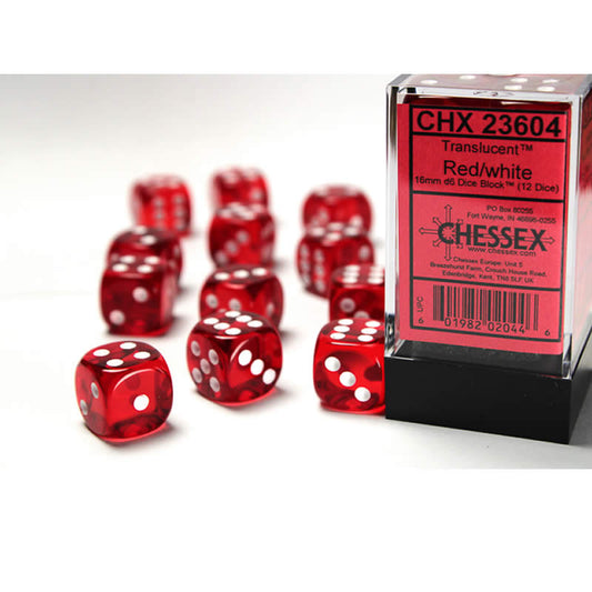 CHX23604 Red Translucent Dice White Pips D6 16mm (5/8in) Pack of 12 Main Image