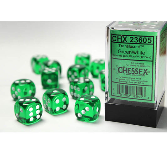 CHX23605 Green Translucent Dice White Pips D6 16mm (5/8in) Pack of 12 Main Image