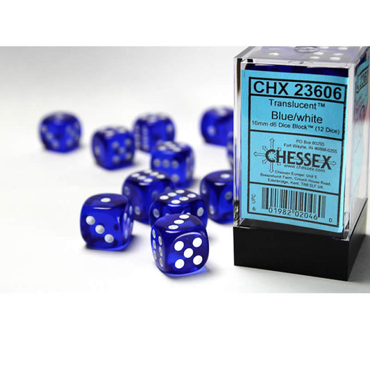 CHX23606 Blue Translucent D6 Dice White Pips 16mm Pack of 12 Main Image