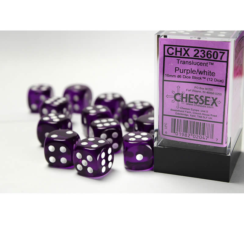 CHX23607 Purple Translucent D6 Dice White Pips 16mm Pack of 12 Main Image