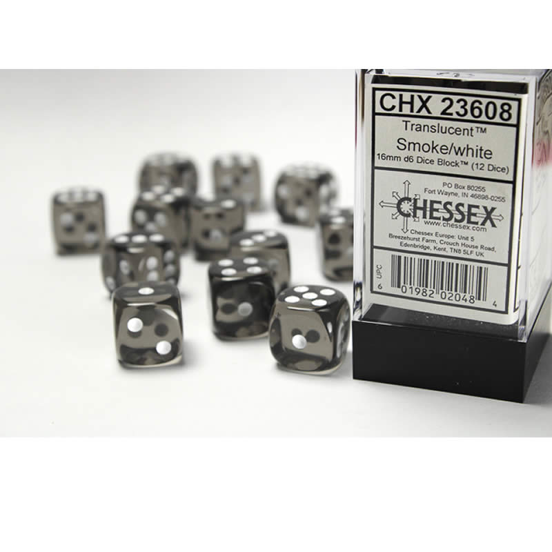 CHX23608 Smoke Translucent D6 Dice White Pips 16mm Pack of 12 Main Image