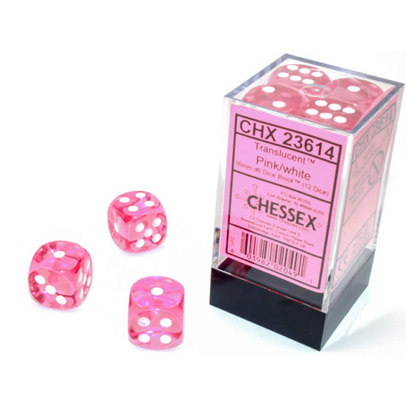 CHX23614 Pink Translucent D6 Dice with White Pips 16mm (5/8in) Pack of 12 Main Image