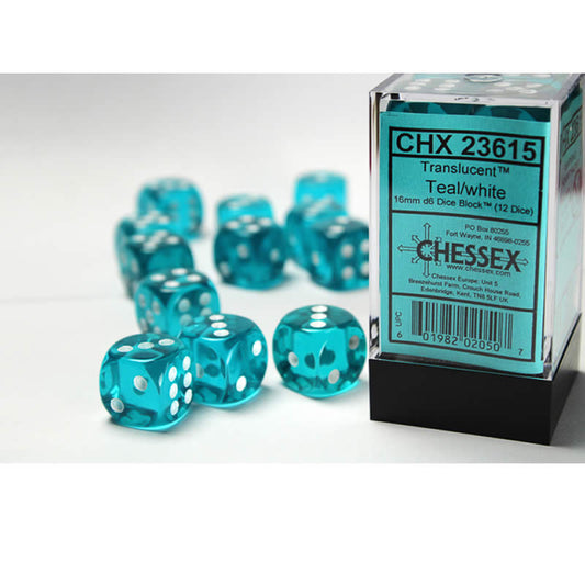CHX23615 Teal Translucent D6 Dice White Pips 16mm Pack of 12 Main Image