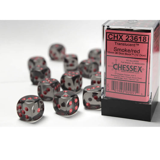CHX23618 Smoke Translucent D6 Dice Red Pips 16mm Pack of 12 Main Image