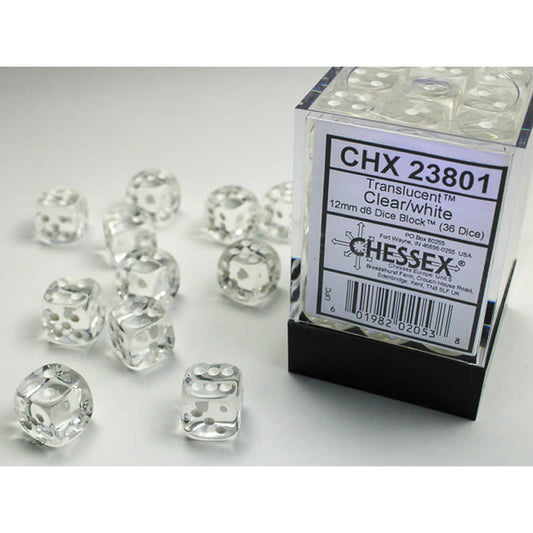 CHX23801 Clear Translucent D6 Dice White Pips 12mm Pack of 36 Main Image