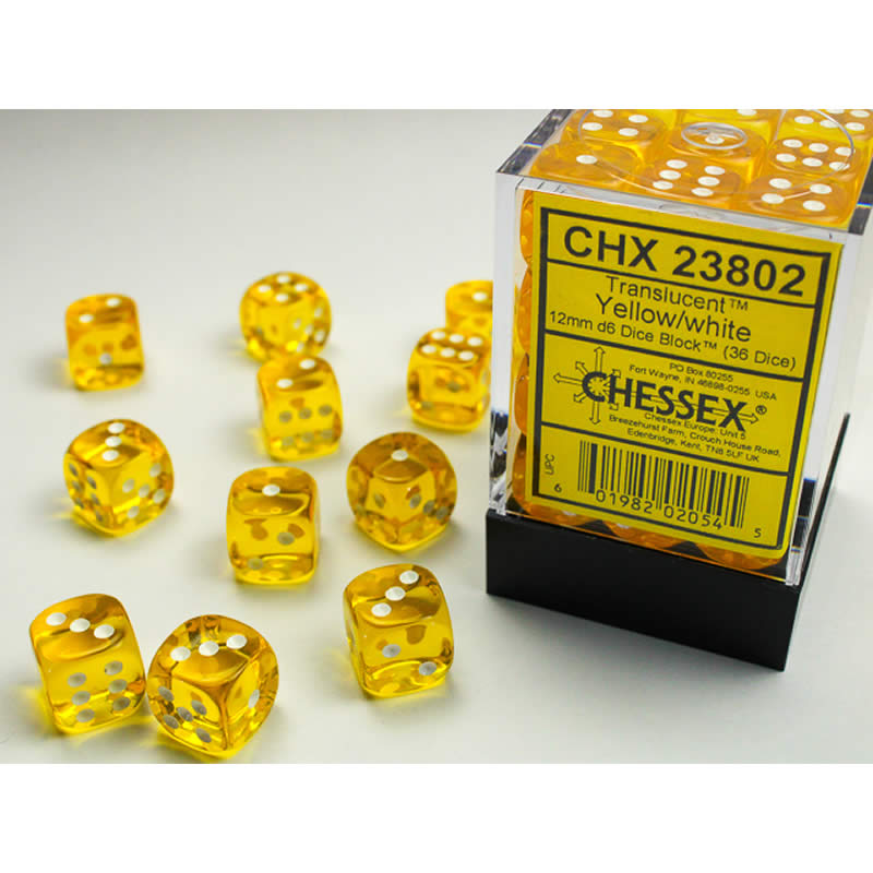 CHX23802 Yellow Translucent D6 Dice White Pips 12mm Pack of 36 Main Image