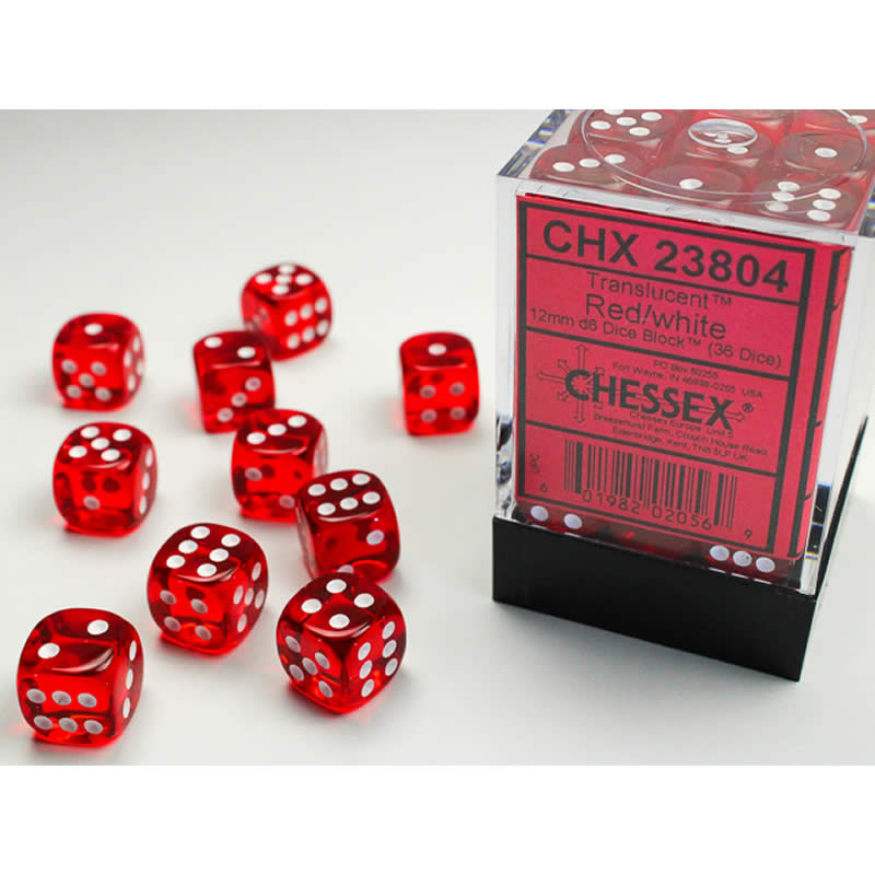CHX23804 Red Translucent D6 Dice White Pips 12mm Pack of 36 Main Image