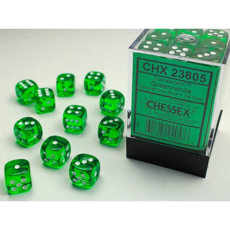 CHX23805 Green Translucent D6 Dice White Pips 12mm Pack of 36 Main Image